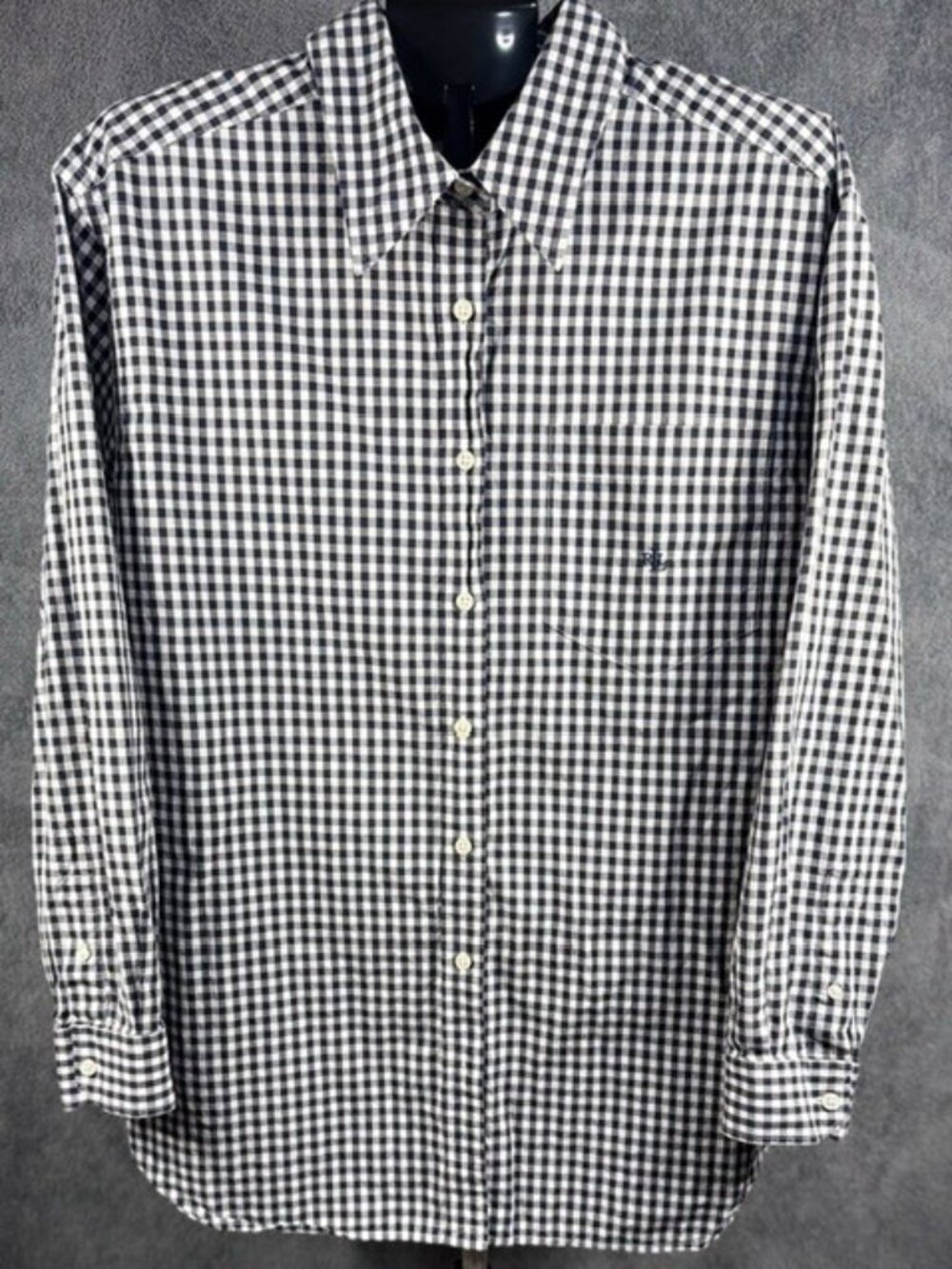 Lauren Ralph Lauren Women's 2X Checkered Button Up Shirt Navy Blue White Cotton